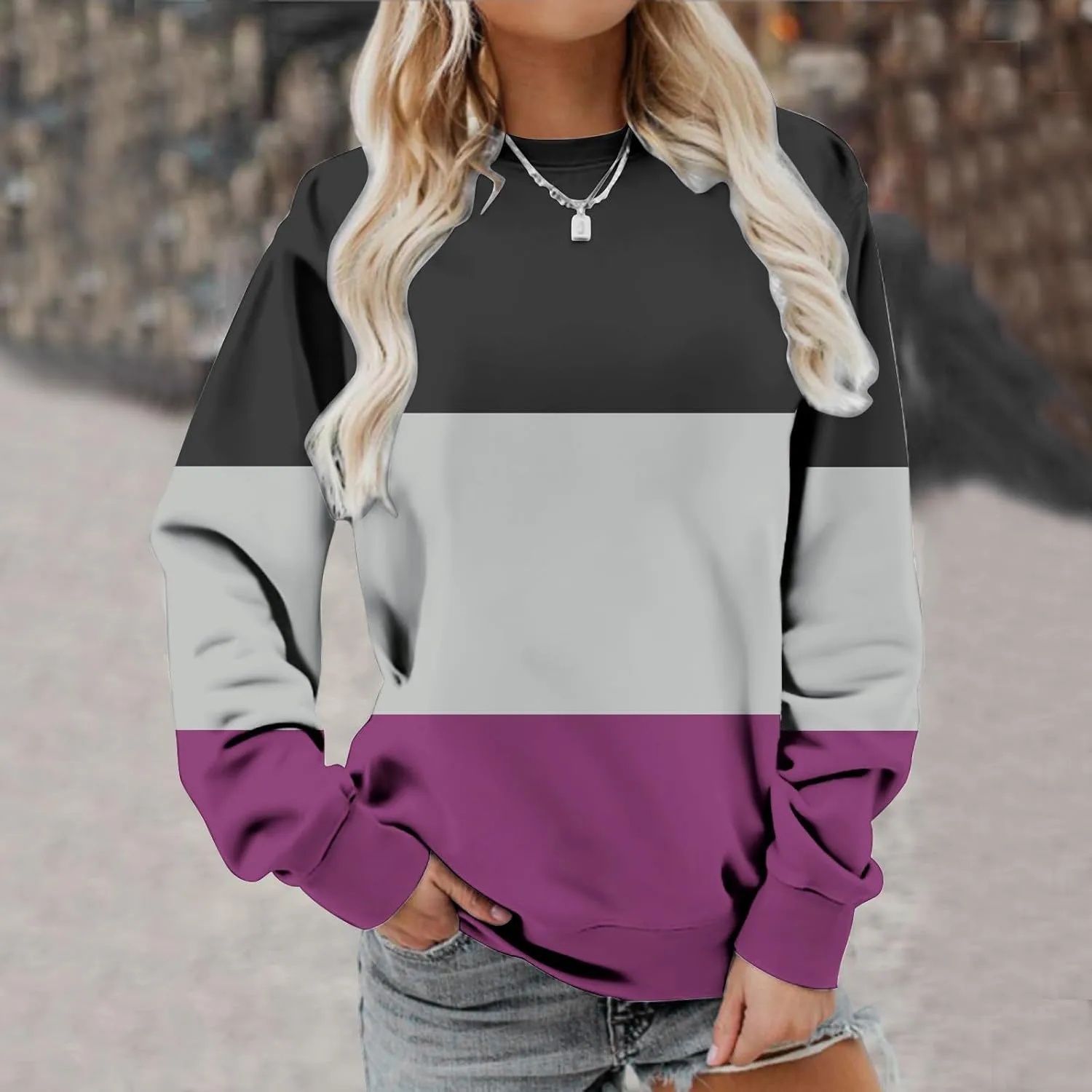 Ceboyel Women Crewneck Sweatshirts 2023 Color Block Pullover Long Sleeve Shirts Loose Fit Fall Fashion Clothing