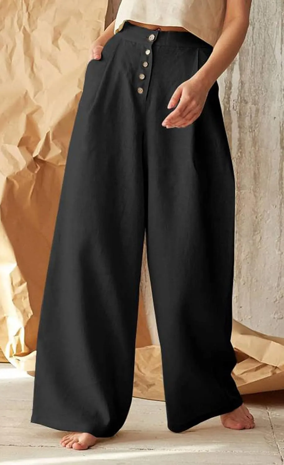 CHARTOU Women's Summer Button High Waist Wide Leg Cotton Linen Palazzo Pants with Pockets