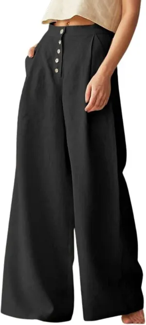 CHARTOU Women's Summer Button High Waist Wide Leg Cotton Linen Palazzo Pants with Pockets