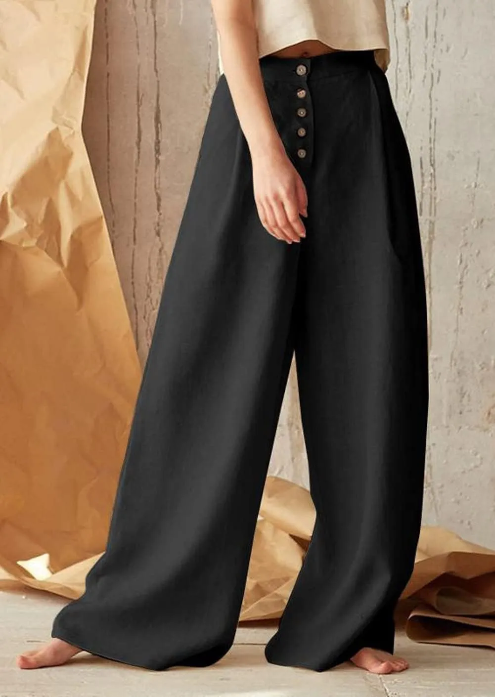 CHARTOU Women's Summer Button High Waist Wide Leg Cotton Linen Palazzo Pants with Pockets