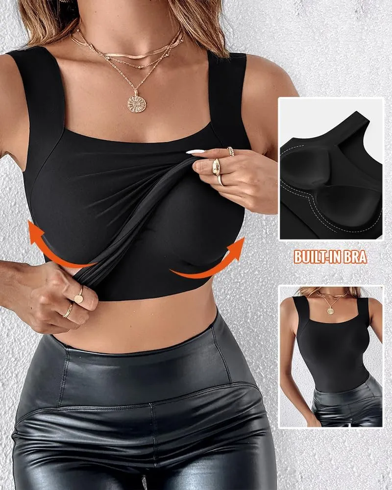 CHICME Womens U Neck Shapewear Built-in Bra Tank High Strechy Sleeveless Slim Fit Tops Camisole Workout Tops