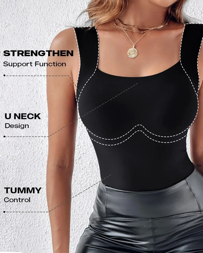 CHICME Womens U Neck Shapewear Built-in Bra Tank High Strechy Sleeveless Slim Fit Tops Camisole Workout Tops