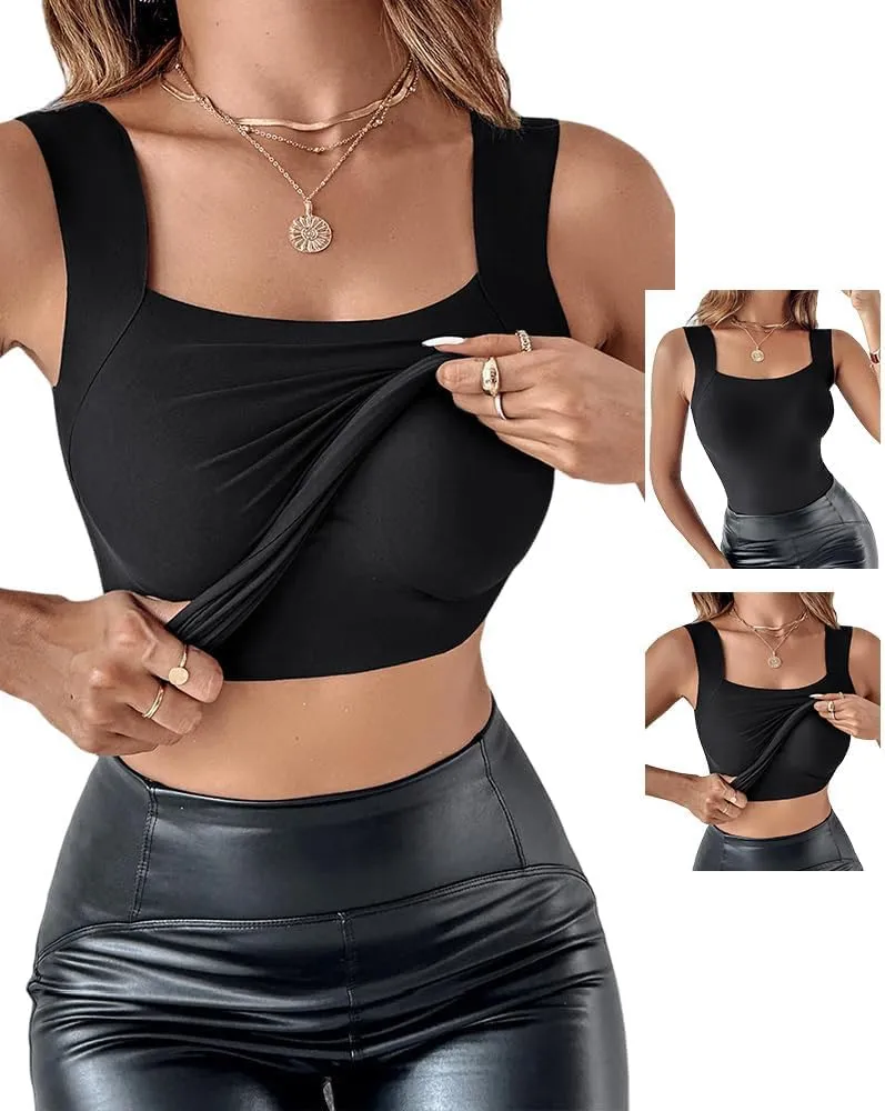 CHICME Womens U Neck Shapewear Built-in Bra Tank High Strechy Sleeveless Slim Fit Tops Camisole Workout Tops