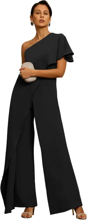 Chiffon One Shoulder Mother of The Bride Pant Suits for Women Flowy Wedding Guest Party Formal Outfit