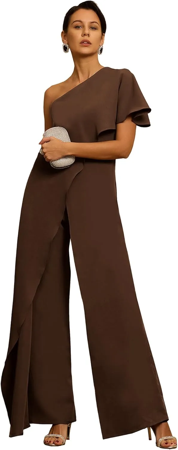 Chiffon One Shoulder Mother of The Bride Pant Suits for Women Flowy Wedding Guest Party Formal Outfit