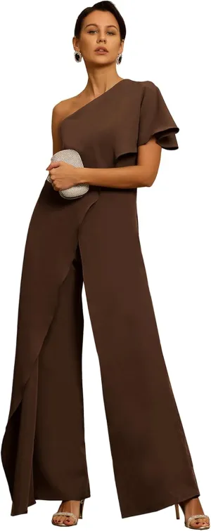 Chiffon One Shoulder Mother of The Bride Pant Suits for Women Flowy Wedding Guest Party Formal Outfit