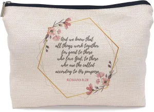 Christian Gifts for Women Faith, Christian Inspirational Makeup Bag Cosmetic Bags for Women, Religious Bible Verse Small Makeup Cosmetic Bag for Purse, Romans 8:28