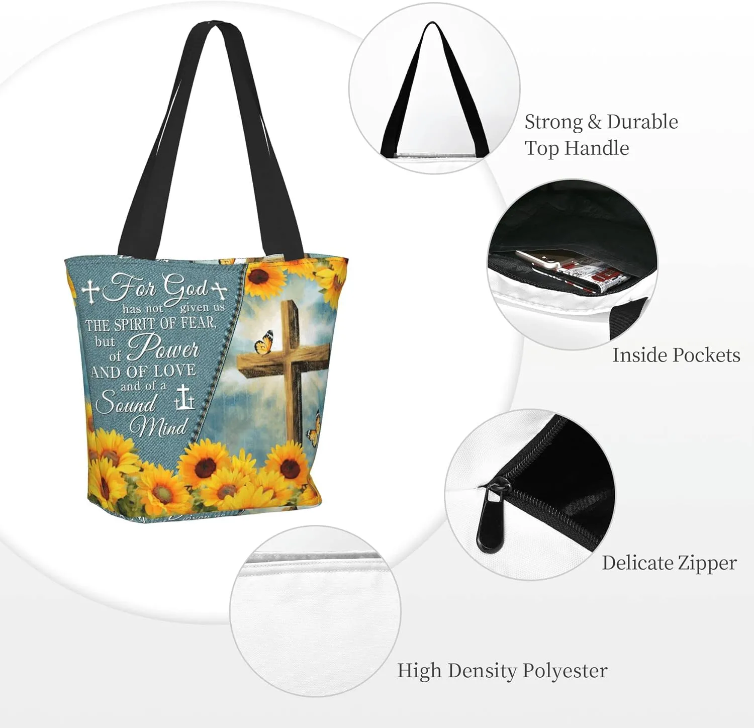 Christian Gifts Reusable Shopping Tote Bag Zippered Inspirational Tote Bags for Women Bible Verse Shoulder Bag