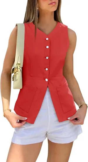 Cicy Bell Womens Button Down Vest Tops Summer Fitted Sleeveless Tank Tops Dressy Casual Business Waistcoat