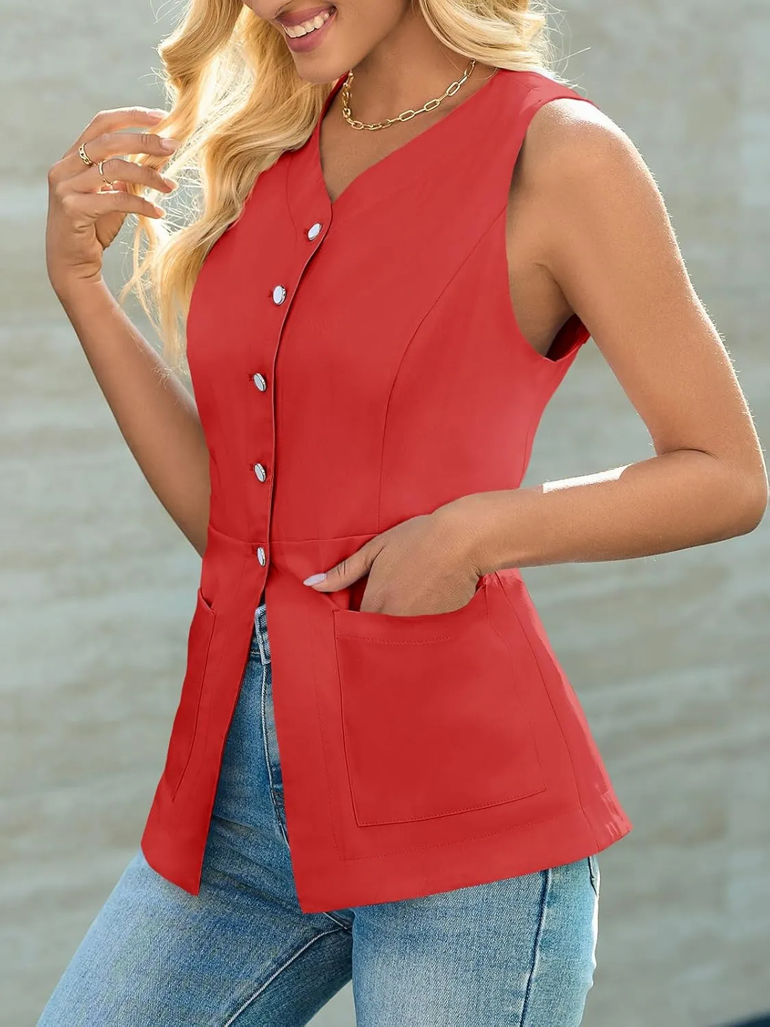 Cicy Bell Womens Button Down Vest Tops Summer Fitted Sleeveless Tank Tops Dressy Casual Business Waistcoat