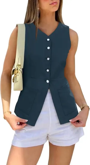 Cicy Bell Womens Button Down Vest Tops Summer Fitted Sleeveless Tank Tops Dressy Casual Business Waistcoat