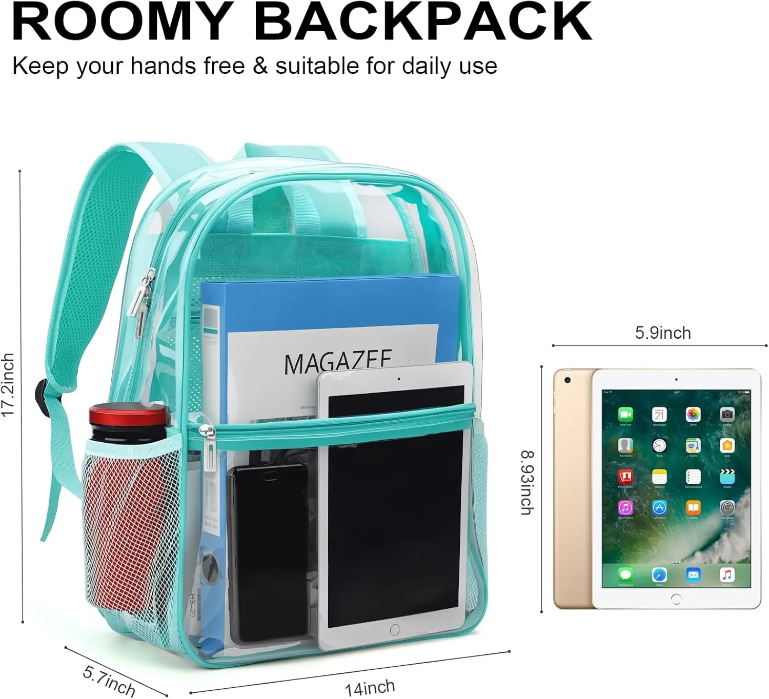 Clear Backpack Heavy Duty TPU Transparent Backpack for Sports,Work,Security Travel.(Light Blue)