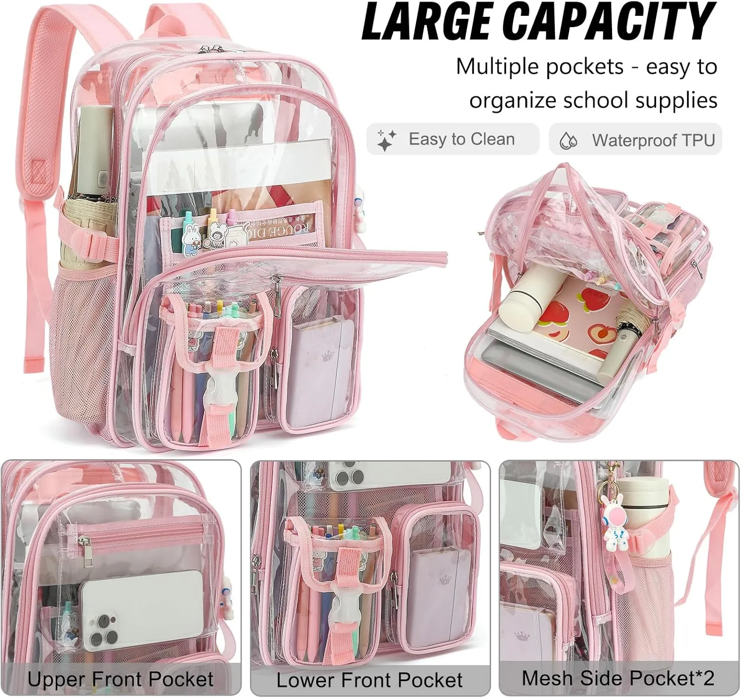 Clear Backpack Heavy Duty Transparent Backpacks Stadium Approved for School Work Sport Travel (Light Pink)