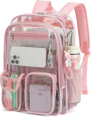 Clear Backpack Heavy Duty Transparent Backpacks Stadium Approved for School Work Sport Travel (Light Pink)