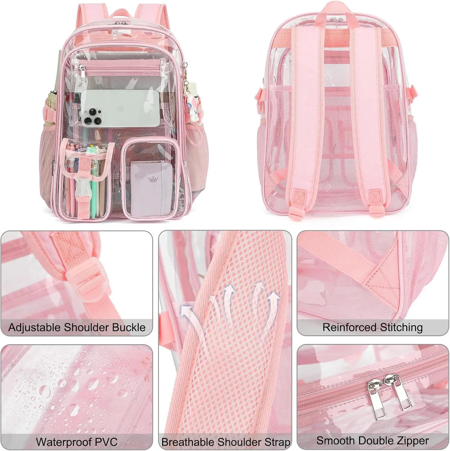Clear Backpack Heavy Duty Transparent Backpacks Stadium Approved for School Work Sport Travel (Light Pink)