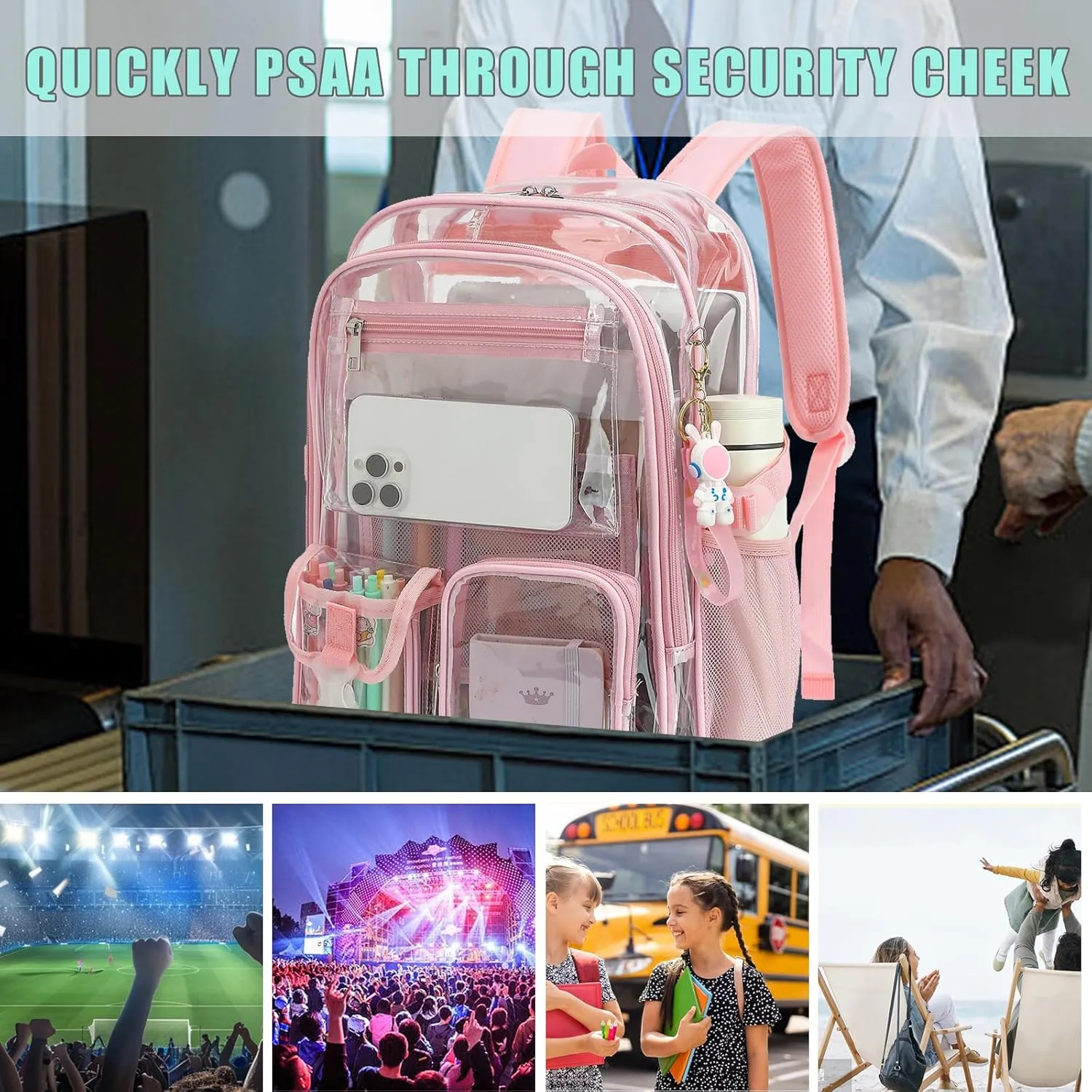 Clear Backpack Heavy Duty Transparent Backpacks Stadium Approved for School Work Sport Travel (Light Pink)