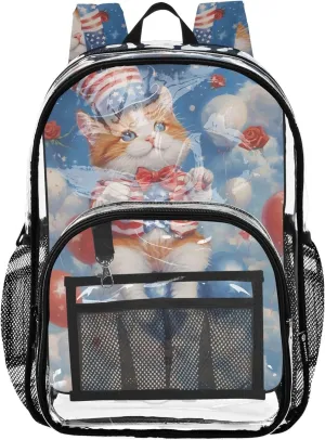 Clear Backpack Women Cute Boys Backpacks for Girls Pvc School Plastic Bookbag Independence Day Cat USA Hat