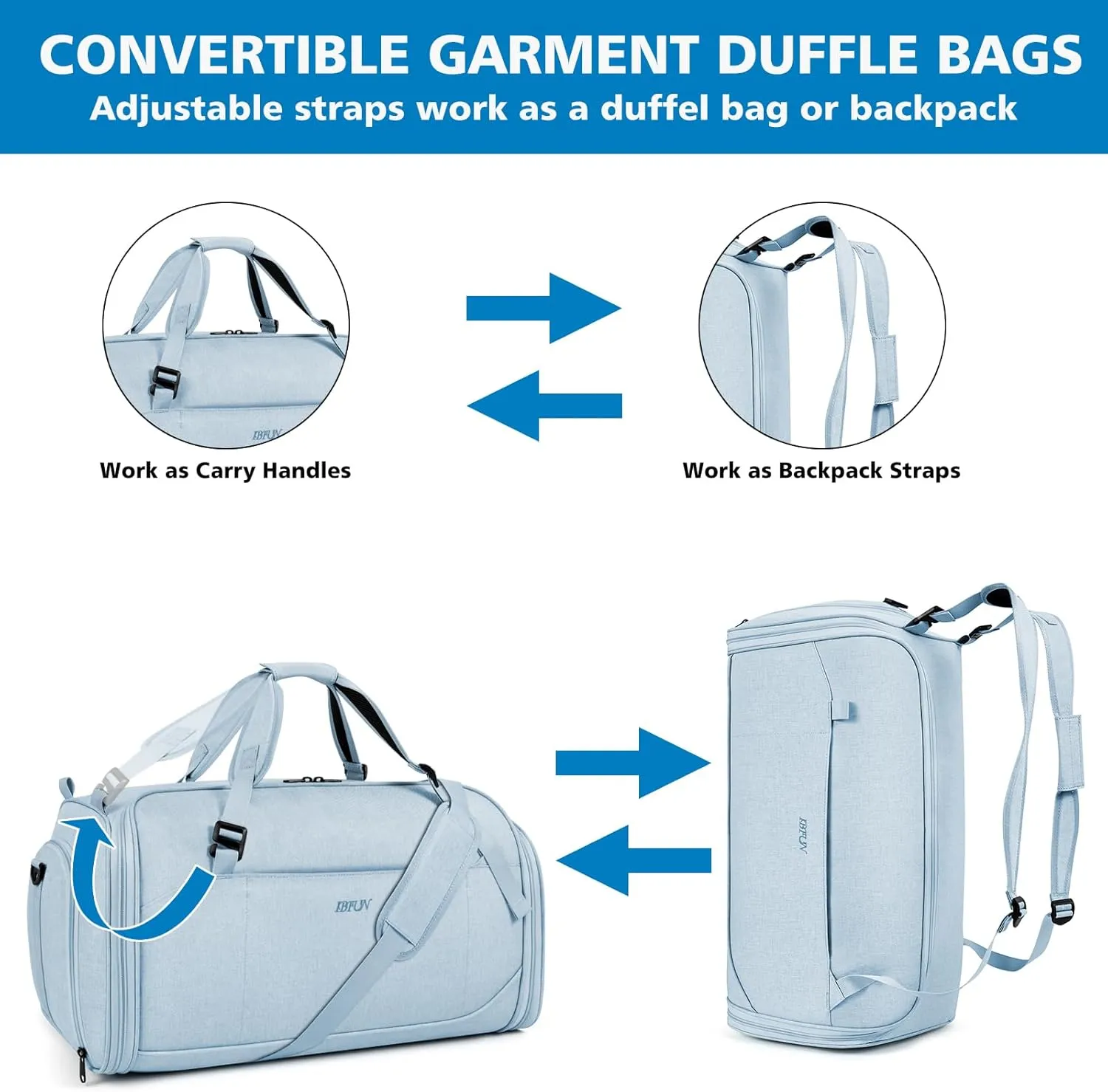 Convertible Garment Bags for Travel - Carry on Garment Duffle Bag with Backpack Straps for Men Women, 4 in 1 Large Travel Duffel Bags with Shoes Compartment Hanging Suit Dress Weekender Bag 3pcs Set
