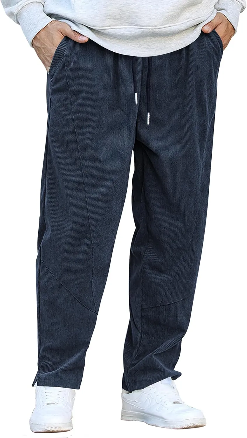 COOFANDY Men's Corduroy Pants Elastic Waist Drawstring Harem Pants Fashion Loose Casual Long Trousers with 4 Pockets