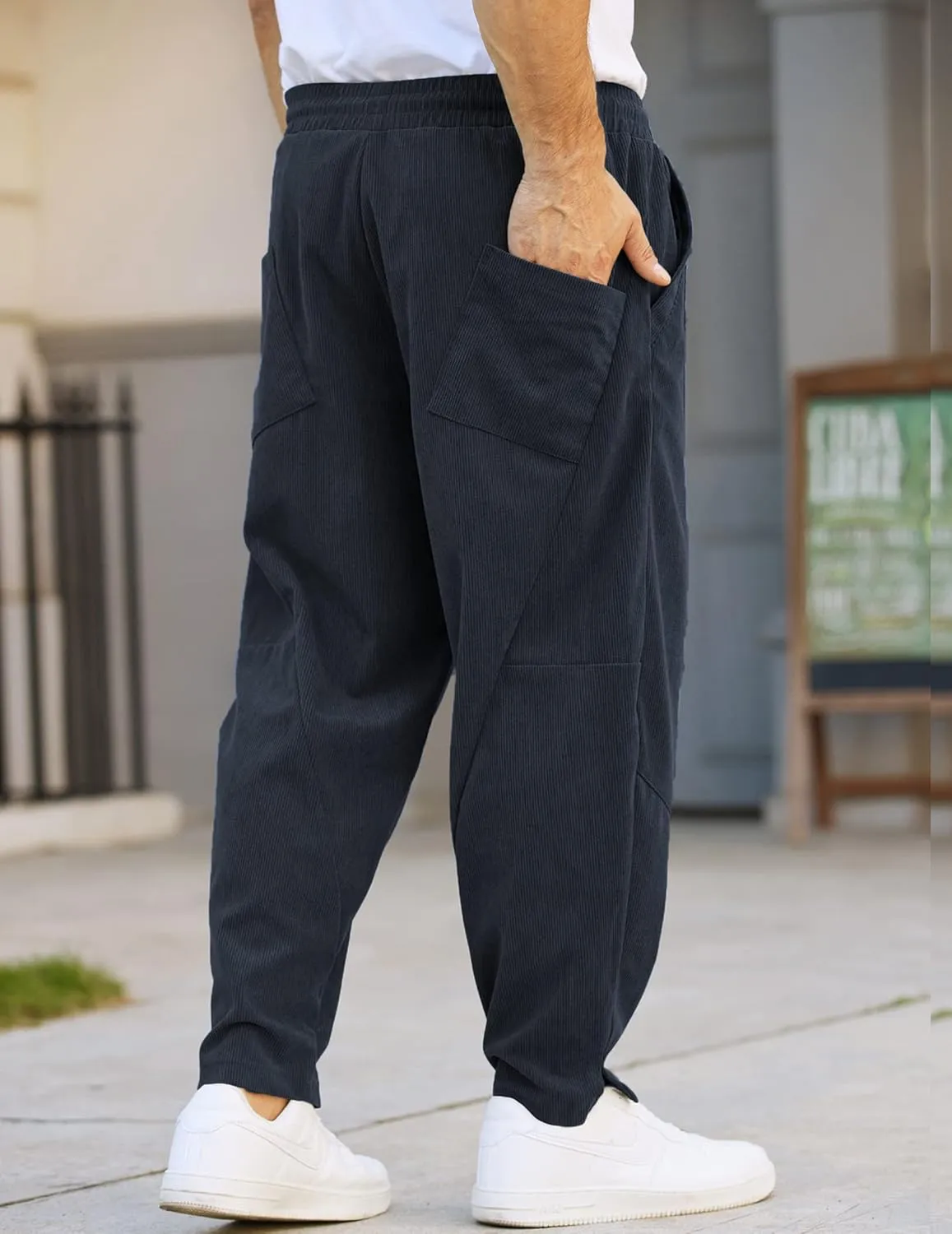 COOFANDY Men's Corduroy Pants Elastic Waist Drawstring Harem Pants Fashion Loose Casual Long Trousers with 4 Pockets