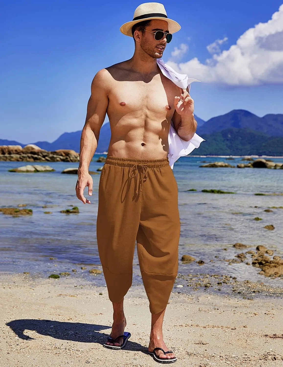 COOFANDY Men's Linen Harem Capri Pants Lightweight Loose 3/4 Shorts Drawstring Elastic Waist Casual Beach Boho Yoga Trousers