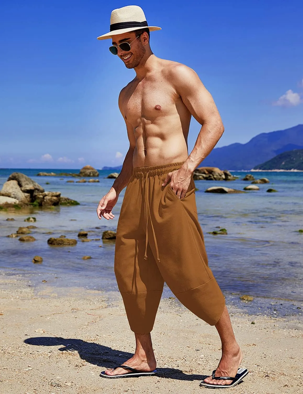 COOFANDY Men's Linen Harem Capri Pants Lightweight Loose 3/4 Shorts Drawstring Elastic Waist Casual Beach Boho Yoga Trousers