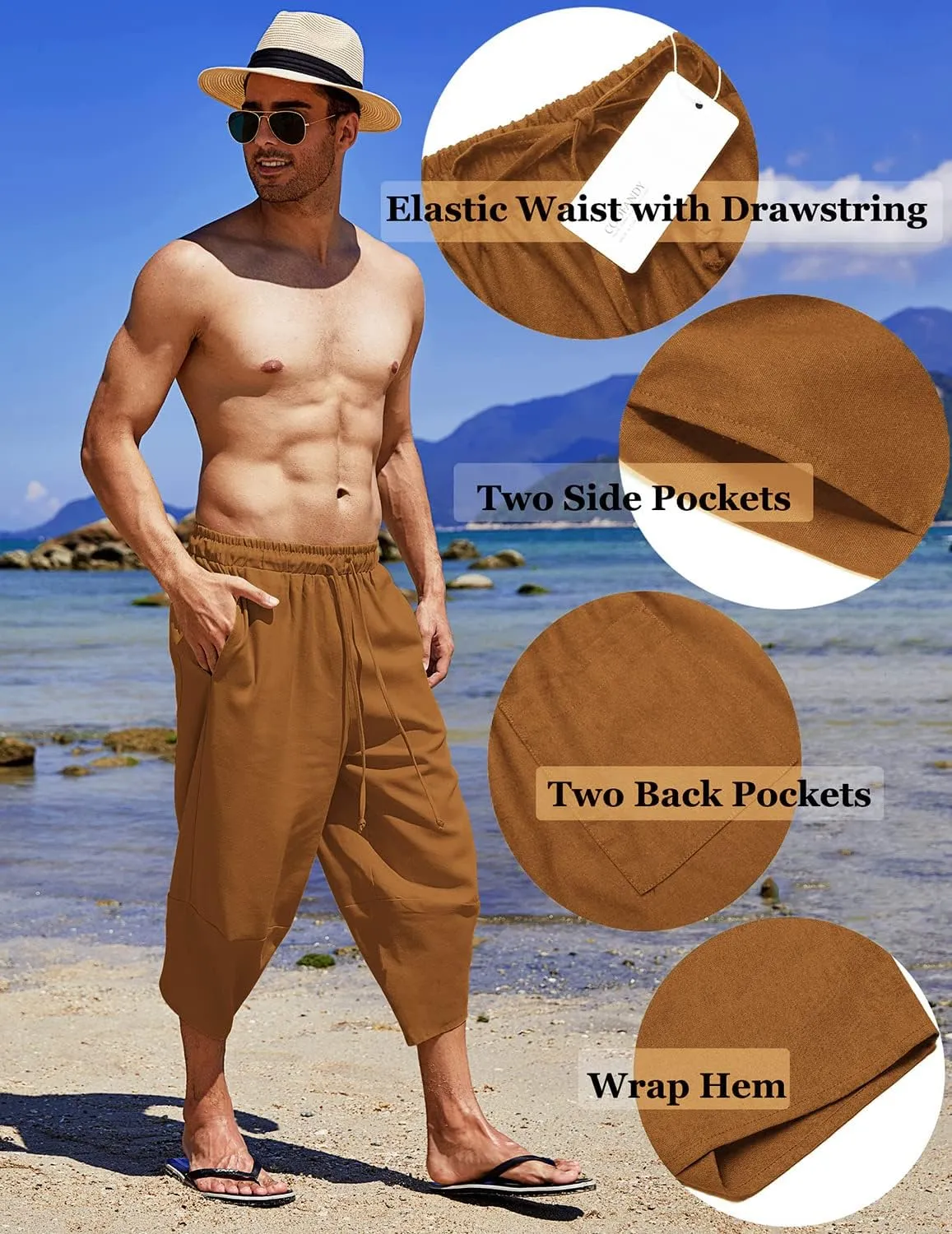 COOFANDY Men's Linen Harem Capri Pants Lightweight Loose 3/4 Shorts Drawstring Elastic Waist Casual Beach Boho Yoga Trousers