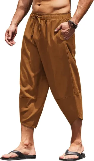 COOFANDY Men's Linen Harem Capri Pants Lightweight Loose 3/4 Shorts Drawstring Elastic Waist Casual Beach Boho Yoga Trousers