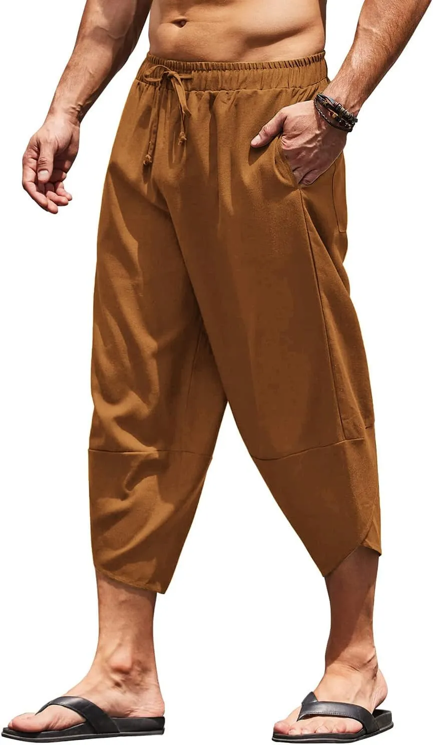 COOFANDY Men's Linen Harem Capri Pants Lightweight Loose 3/4 Shorts Drawstring Elastic Waist Casual Beach Boho Yoga Trousers