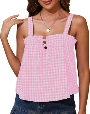 Cotton Gingham Tie Front Tank Tops for Women Girls Cute Plaid Tank Tops Casual Summer Going Out Top