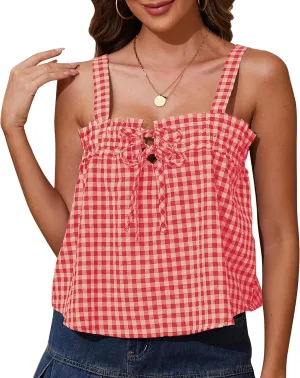 Cotton Gingham Tie Front Tank Tops for Women Girls Cute Plaid Tank Tops Casual Summer Going Out Top