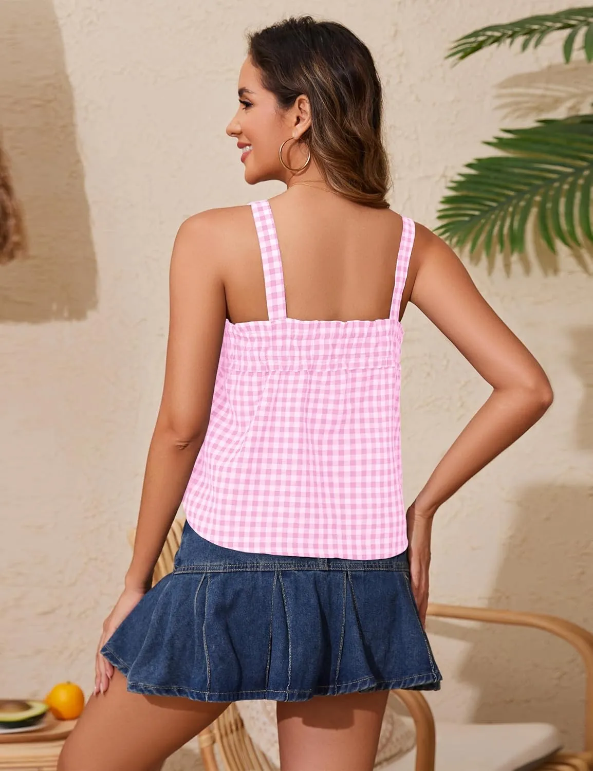 Cotton Gingham Tie Front Tank Tops for Women Girls Cute Plaid Tank Tops Casual Summer Going Out Top
