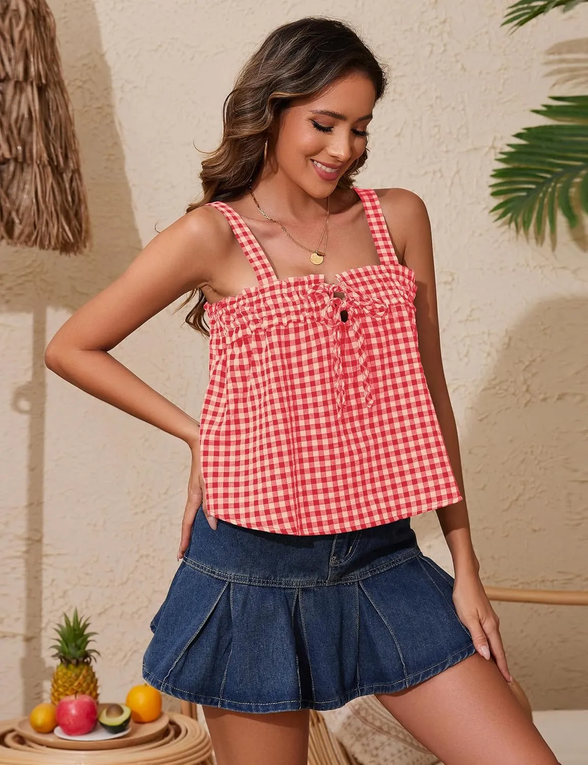 Cotton Gingham Tie Front Tank Tops for Women Girls Cute Plaid Tank Tops Casual Summer Going Out Top