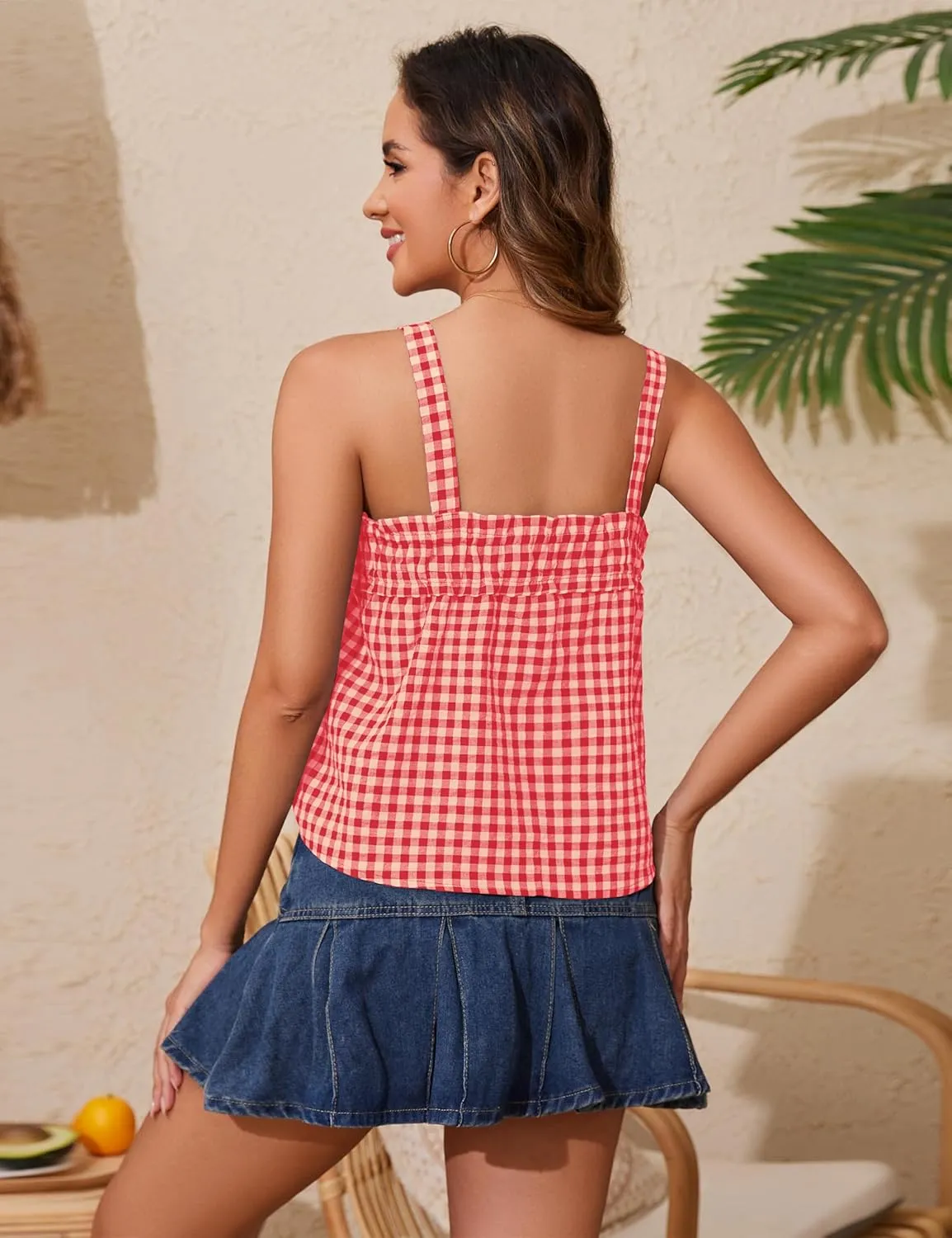 Cotton Gingham Tie Front Tank Tops for Women Girls Cute Plaid Tank Tops Casual Summer Going Out Top
