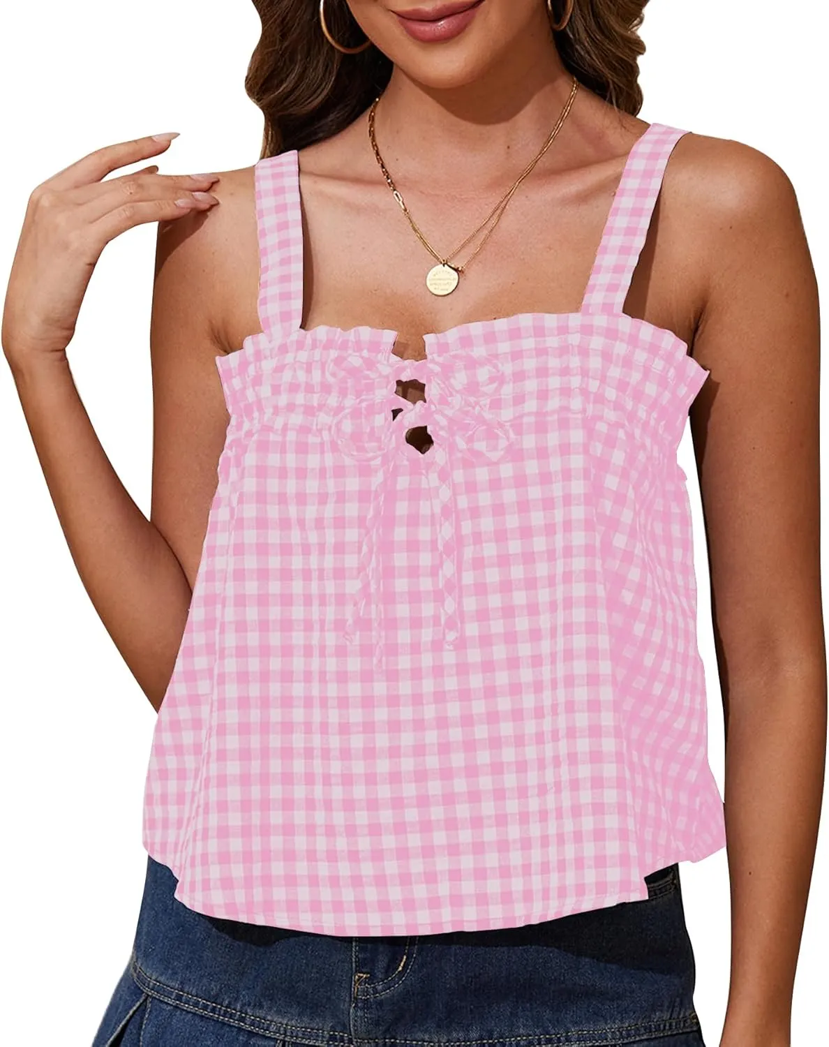 Cotton Gingham Tie Front Tank Tops for Women Girls Cute Plaid Tank Tops Casual Summer Going Out Top