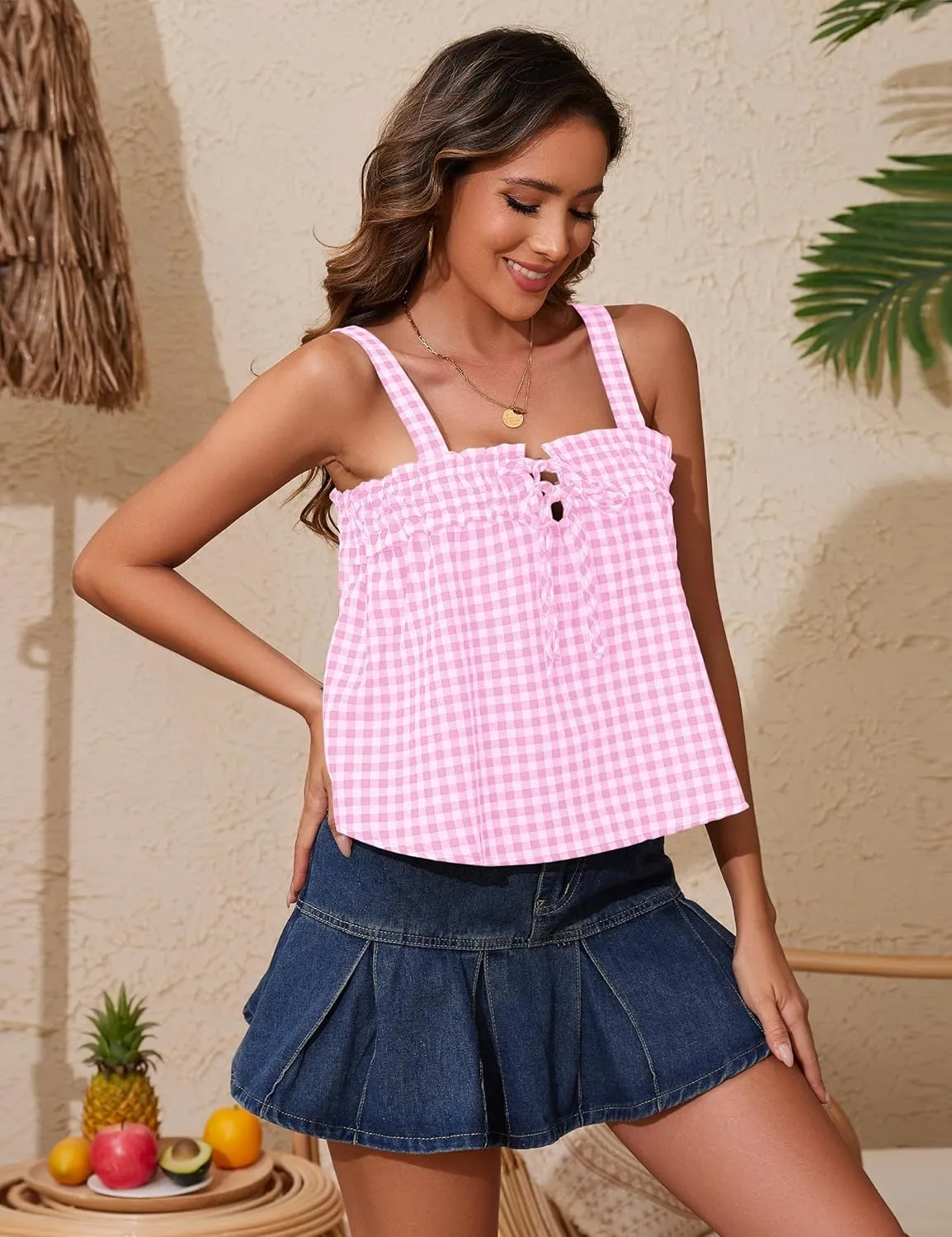 Cotton Gingham Tie Front Tank Tops for Women Girls Cute Plaid Tank Tops Casual Summer Going Out Top