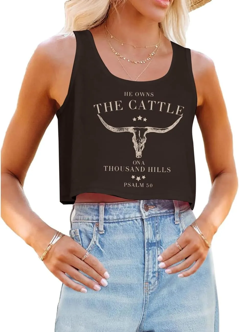 Cowgirl Tank Tops for Women Western Cowboy Crop Tops Cow Skull Graphic Vest Country Music Outfit