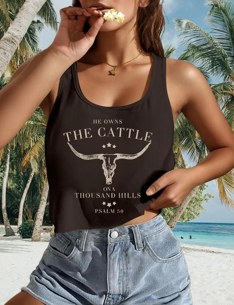 Cowgirl Tank Tops for Women Western Cowboy Crop Tops Cow Skull Graphic Vest Country Music Outfit