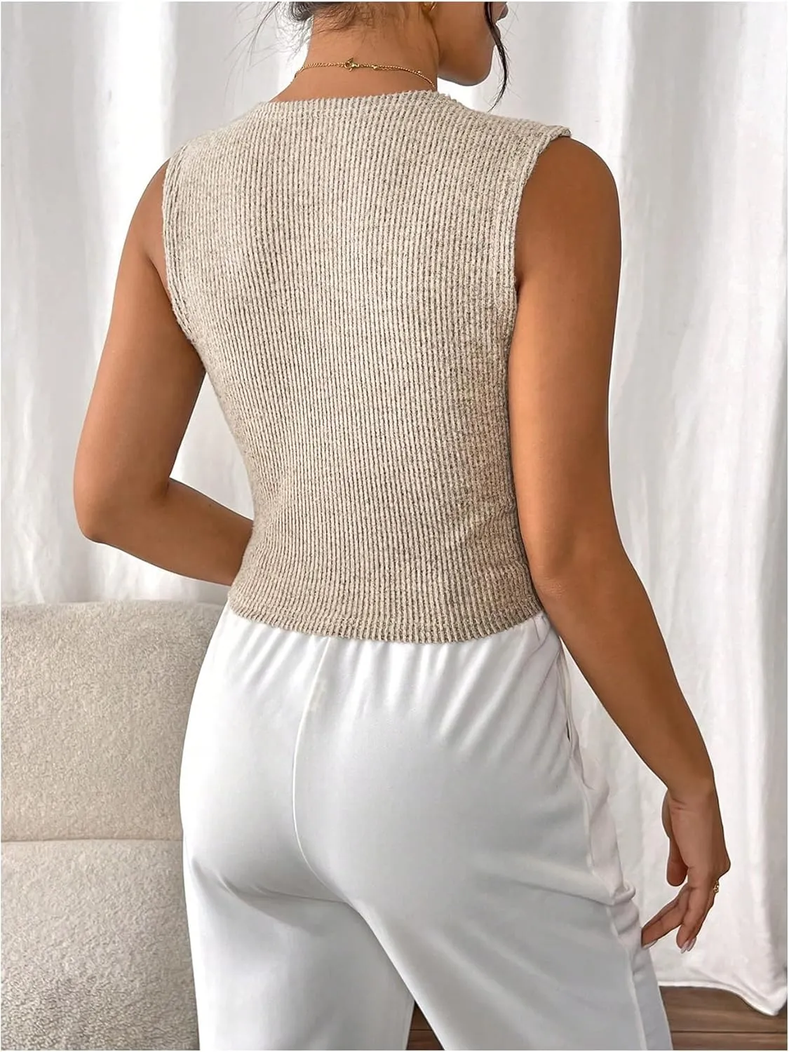 COZYEASE Women's Button Down Ribbed Tank Tops V Neck Sleeveless Shirts Slim Fitted Summer Top