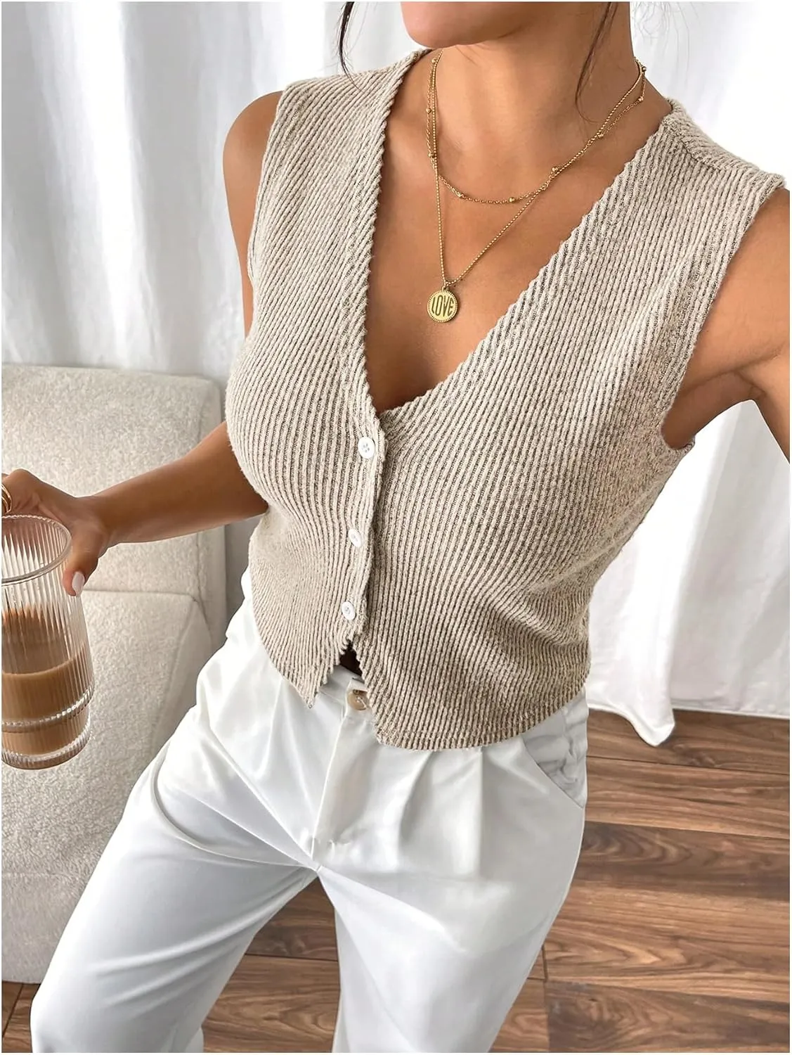 COZYEASE Women's Button Down Ribbed Tank Tops V Neck Sleeveless Shirts Slim Fitted Summer Top