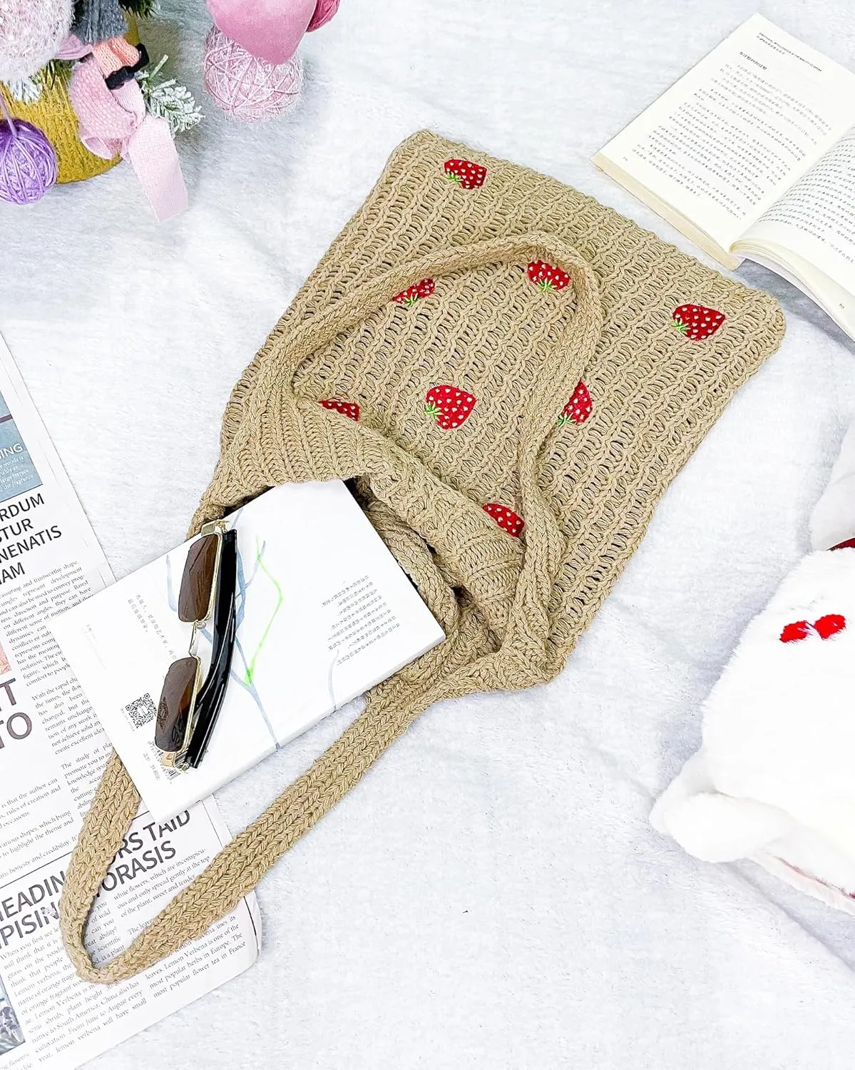 Cute Strawberry Pattern Tote Bag Crochet Tote Bag Shoulder Bag Handbags Knitting Bag Aesthetic Handmade Weaving