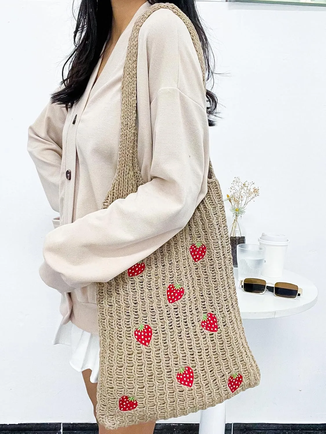 Cute Strawberry Pattern Tote Bag Crochet Tote Bag Shoulder Bag Handbags Knitting Bag Aesthetic Handmade Weaving