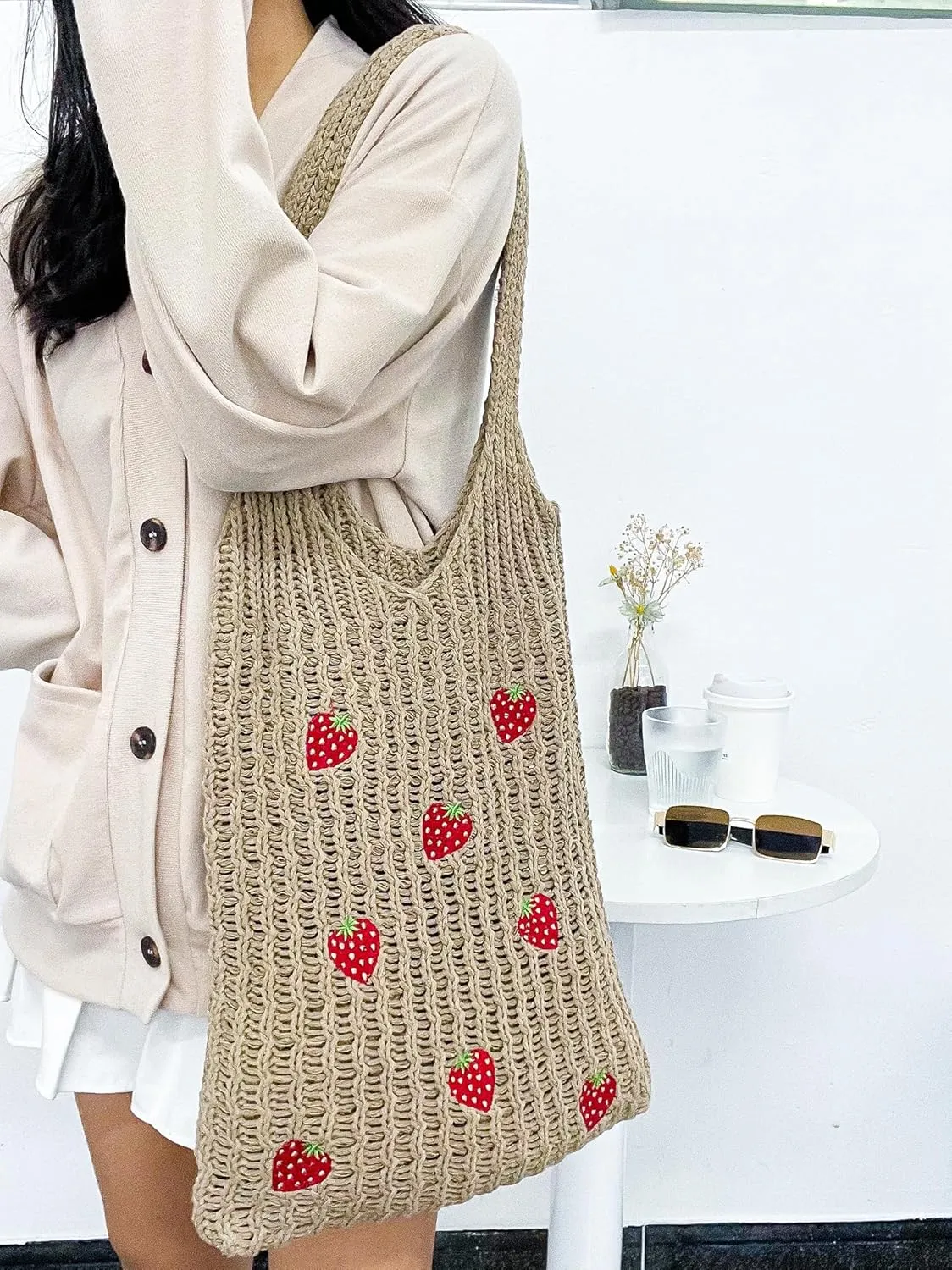 Cute Strawberry Pattern Tote Bag Crochet Tote Bag Shoulder Bag Handbags Knitting Bag Aesthetic Handmade Weaving