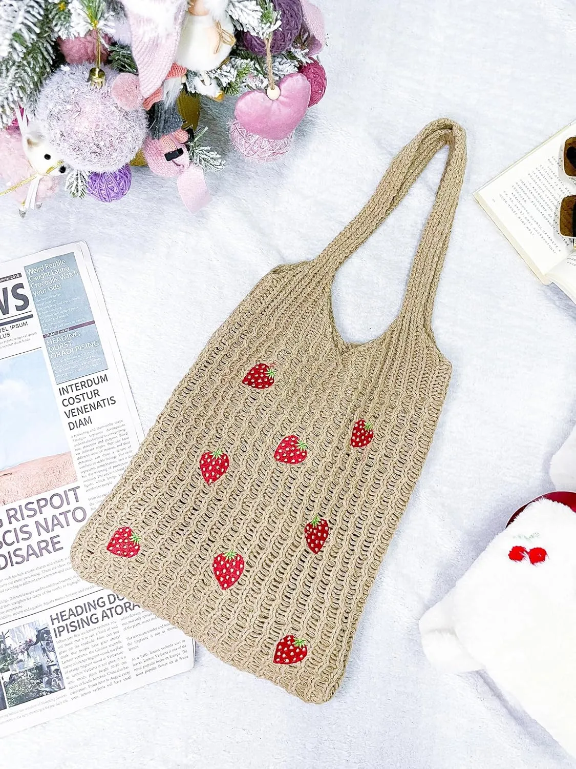 Cute Strawberry Pattern Tote Bag Crochet Tote Bag Shoulder Bag Handbags Knitting Bag Aesthetic Handmade Weaving
