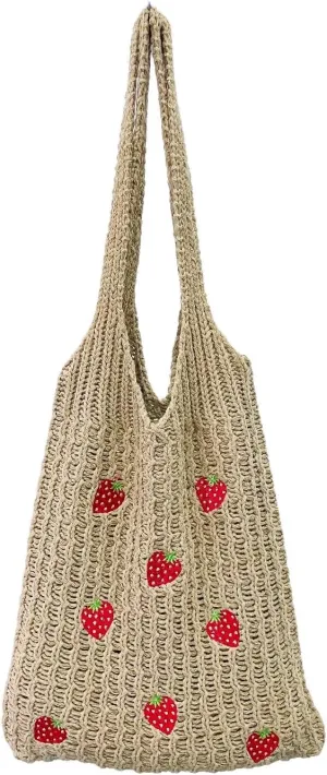 Cute Strawberry Pattern Tote Bag Crochet Tote Bag Shoulder Bag Handbags Knitting Bag Aesthetic Handmade Weaving