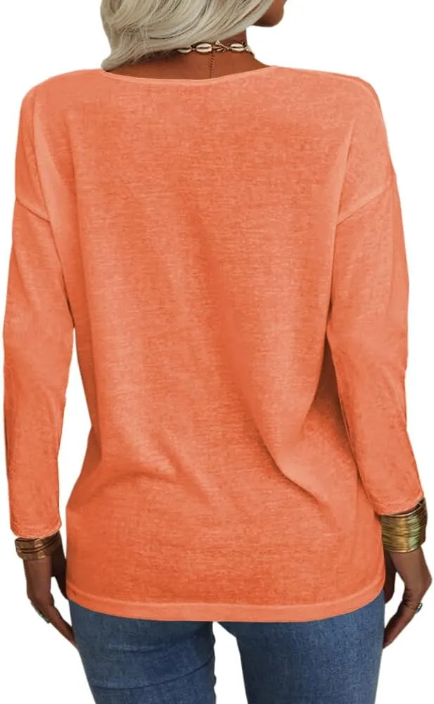 Danedvi Women Fashion Deep V-Neck Long Sleeve Tops Solid Casual Loose Basic T Shirt