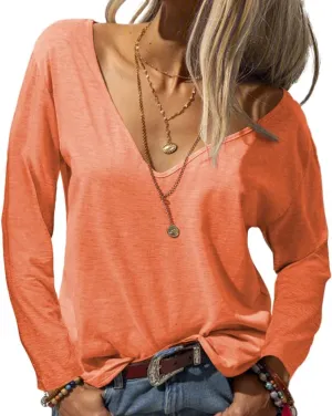 Danedvi Women Fashion Deep V-Neck Long Sleeve Tops Solid Casual Loose Basic T Shirt