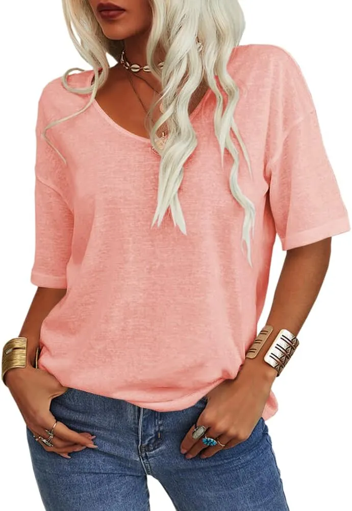 Danedvi Women Fashion V-Neck Half Sleeves Oversized T Shirt Solid Casual Loose Basic Tops