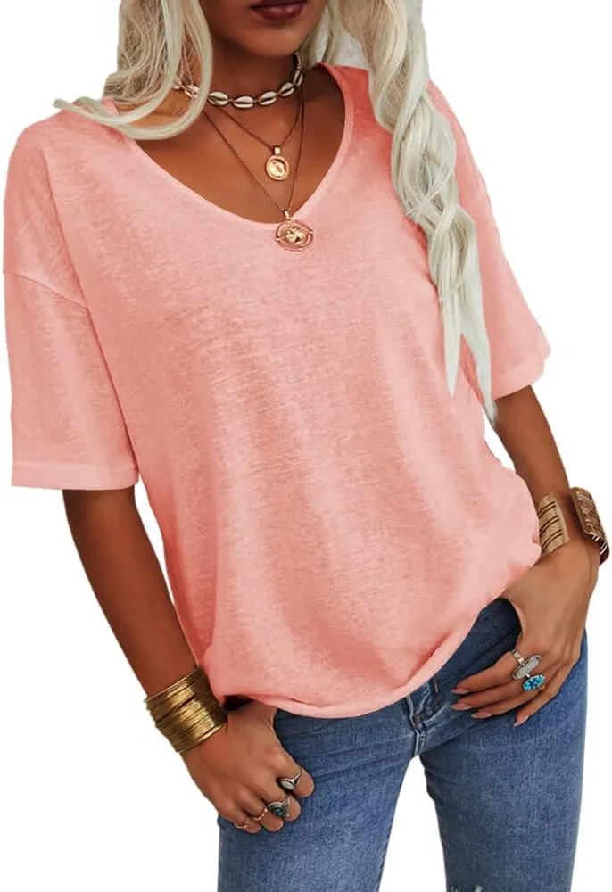 Danedvi Women Fashion V-Neck Half Sleeves Oversized T Shirt Solid Casual Loose Basic Tops