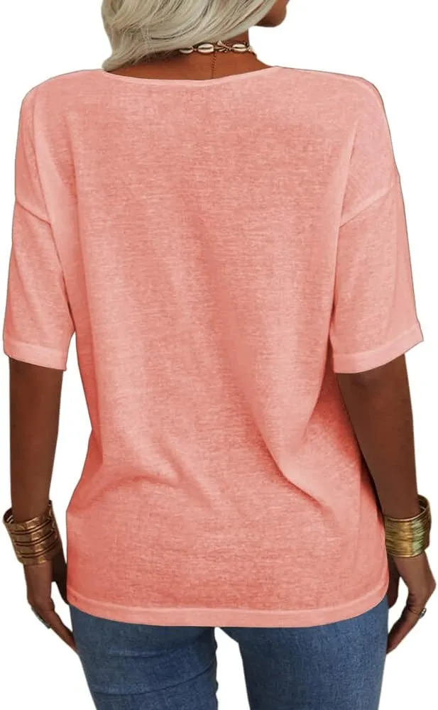 Danedvi Women Fashion V-Neck Half Sleeves Oversized T Shirt Solid Casual Loose Basic Tops